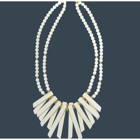 Vintage Trifari Double-Strand Cream & Goldtone Beaded Collar Necklace - Picture 2 of 12